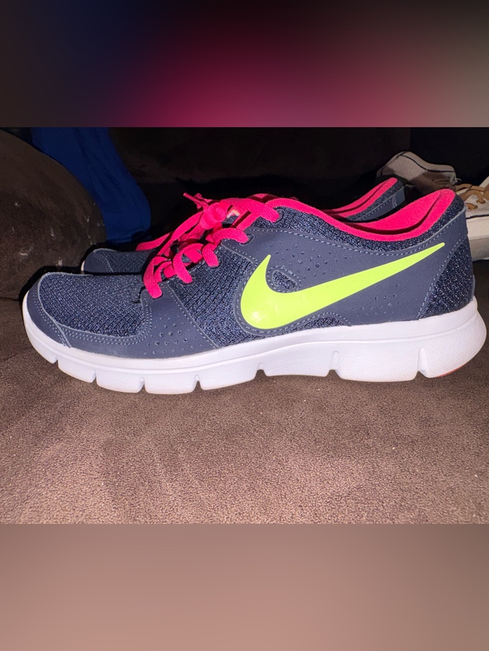 Nike Women's Gray Athletic Shoes with Neon Yellow Swoosh and Pink Accents
